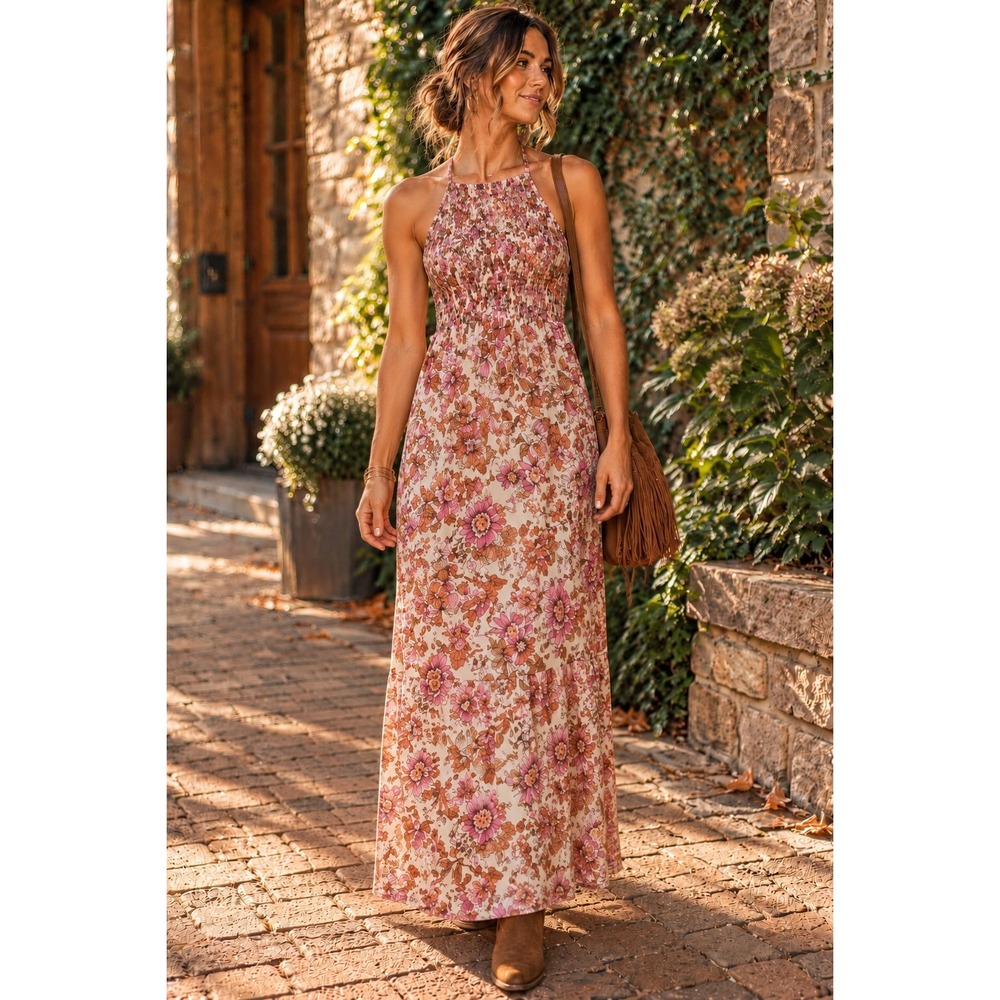 No Comment NY-LA M Floral Smocked Halter Maxi Dress Y2K Boho Rayon